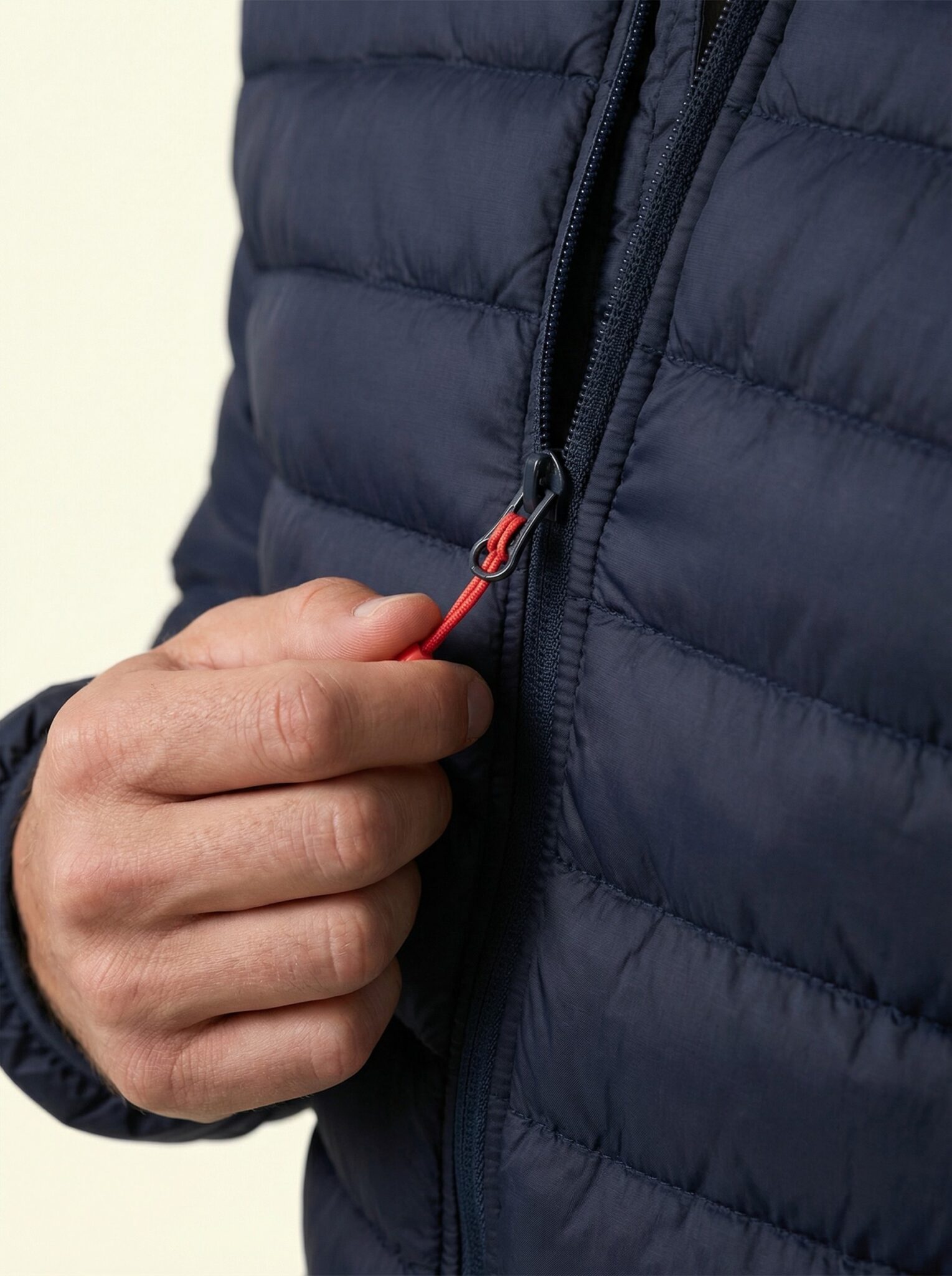 Ove – Detailaufnahme Hand am Reißverschluss