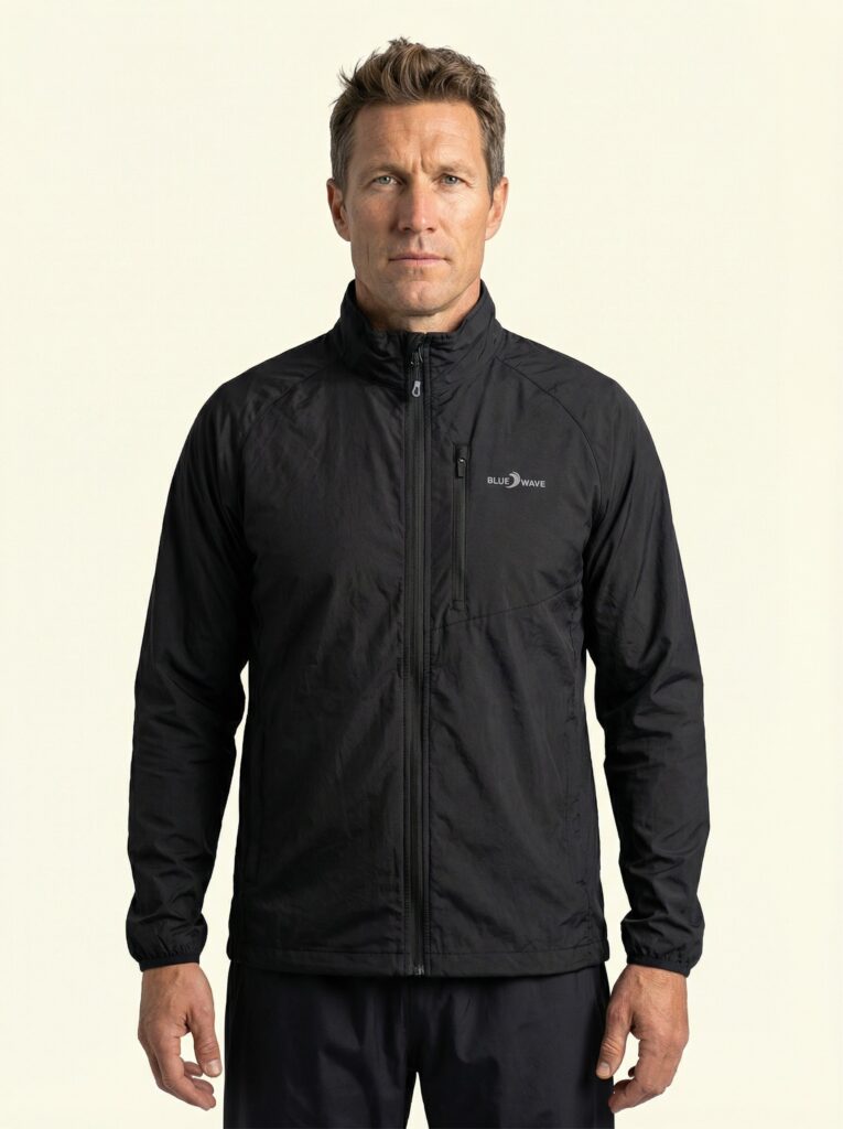 Mel – Funktionsbekleidung an Person, Oberkörper frontal, geschlossen